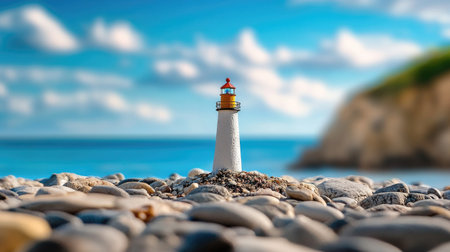 This captivating image features a miniature lighthouse standing proudly among smooth pebbles, surrounded by a tranquil ocean and fluffy clouds.の素材