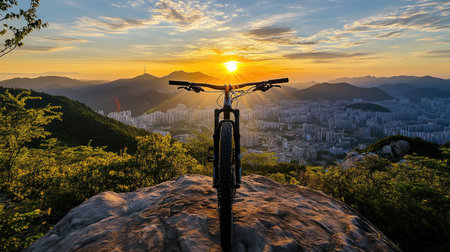 A picturesque scene of a bicycle resting on a rock, set against a stunning sunset. The city skyline and mountains create a vibrant backdrop perfect for adventure and exploration.の素材
