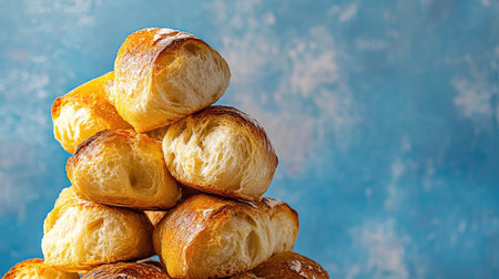 A vibrant image showcasing a delightful stack of freshly baked artisan rolls against a soft blue background, perfect for enhancing culinary presentations.の素材