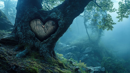A captivating image of a heart-shaped hollow in an oak tree, surrounded by misty forests. This serene landscape invites reflection and connection with nature.の素材