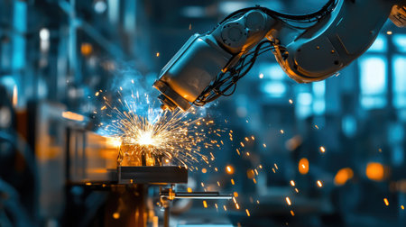 A close-up image of a robotic arm performing welding tasks, showcasing vibrant sparks amidst an industrial environment filled with dynamic machinery.の素材