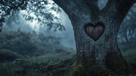 A striking heart-shaped carving is featured in the bark of an ancient tree, surrounded by a misty forest. Soft light highlights the lush greenery and tranquil atmosphere, evoking feelings of love and serenity in nature.の素材