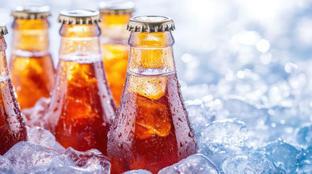 A vibrant image showcasing refreshing beverages in glass bottles surrounded by ice cubes, perfect for summer gatherings and outdoor celebrations.の素材
