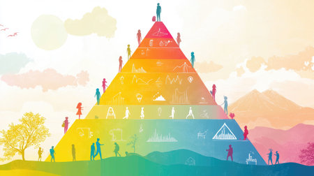 This vibrant illustration depicts a pyramid representing knowledge and growth, with diverse figures engaged in various educational activities against a scenic backdrop.の素材