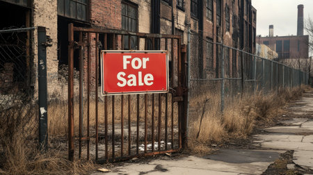 An image depicting an abandoned industrial property featuring a prominent "For Sale" sign, surrounded by overgrown grass and crumbling buildings.の素材