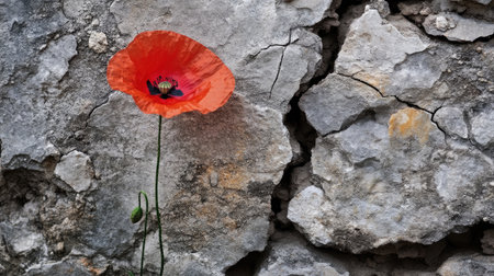 A striking red poppy flower emerges from a cracked concrete wall, highlighting the contrast between natural beauty and urban decay, symbolizing resilience.の素材