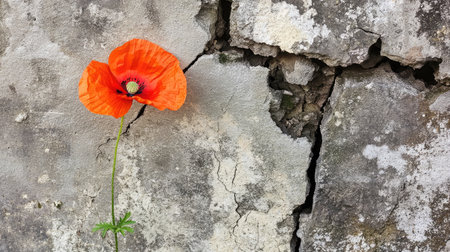 A striking orange poppy flower emerges from a weathered, cracked stone wall, symbolizing resilience and beauty in an urban landscape, highlighting natureの素材
