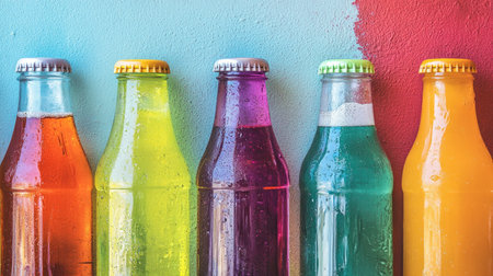 A vibrant display of colorful bottles filled with refreshing soft drinks, showcasing a variety of flavors against a beautifully painted backdrop, perfect for summer enjoyment.の素材