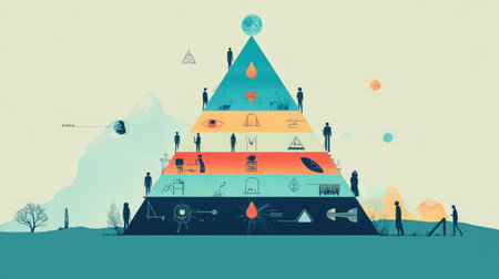 This colorful pyramid illustration combines abstract shapes and human silhouettes, creating a visually striking representation of concepts and ideas.の素材