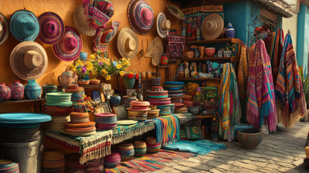 A vibrant marketplace showcasing an array of colorful handcrafted goods, from pottery to textiles, reflecting local artistry and culture in a charming setting.の素材