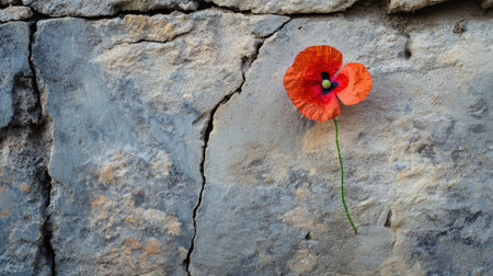 A striking image of a vibrant red poppy flower growing through a cracked grey wall, symbolizing resilience and beauty in an urban setting.の素材