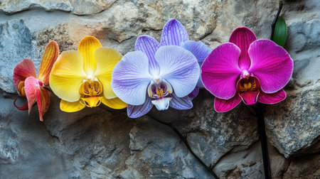 A stunning arrangement of colorful orchids in vibrant hues beautifully contrasts with a rustic stone background, revealing nature's artistry and elegance.の素材