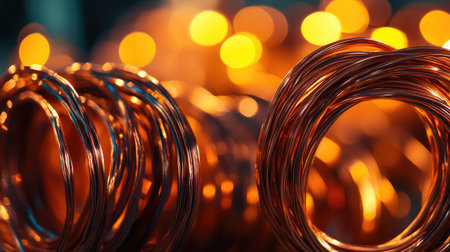 A captivating close-up view of copper wire coils featuring a warm bokeh background. Ideal for showcasing industrial craftsmanship, DIY projects, and artistic designs.の素材