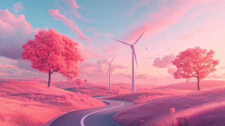 This dreamy landscape features wind turbines surrounded by vibrant pink trees and soft clouds under a colorful sunset. The winding road invites exploration in a serene setting, promoting renewable energy.の素材