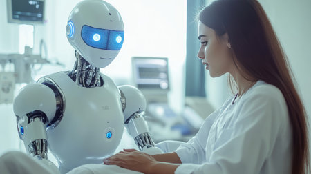 A serene scene depicting a human and a robot interacting in a healthcare environment, showcasing emotional connection and advanced technology in patient care.の素材