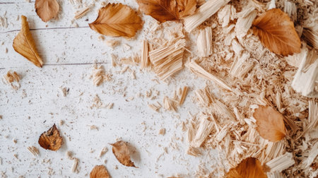 A serene top view of scattered autumn leaves and light wood shavings on a white wooden surface, ideal for nature-themed decor and creative projects.の素材