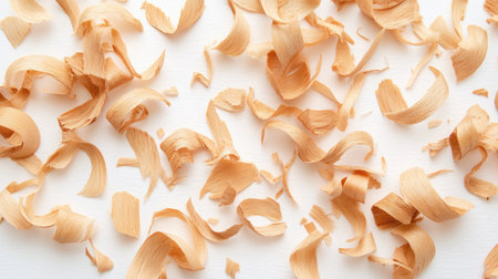 Wooden shavings in an artistic scatter on a white surface create a warm and inviting backdrop, perfect for crafts, designs, and creative projects.の素材