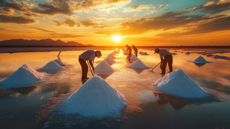 This stunning image captures dedicated workers harvesting sea salt at sunset, with salt piles reflecting a beautiful sky and serene landscape.の素材