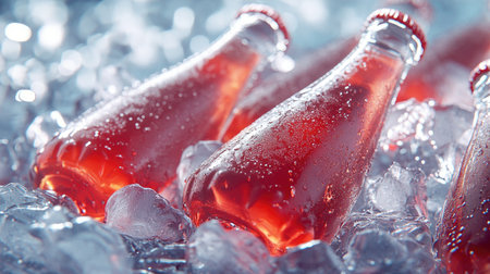 A stunning close-up of glass bottles filled with vibrant fizzy berry soda, perched on a bed of ice cubes, evoking a perfect summer refreshment vibe.の素材