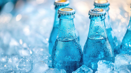 This image showcases several blue carbonated bottles surrounded by ice, glistening with condensation in bright natural light, perfect for summer gatherings.の素材