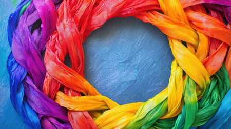 A stunning circular arrangement of colorful braided ribbons creates a vibrant and festive atmosphere, perfect for artistic projects or celebratory decorations.の素材