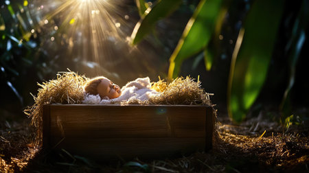 A serene image showing a sleeping infant nestled in a wooden cradle, surrounded by lush greenery and soft rays of light, evoking tranquility and innocence.の素材