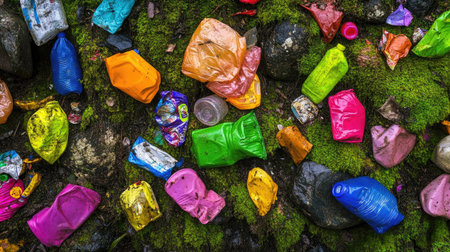 This image captures a mix of colorful plastic waste scattered on a vibrant green mossy surface, highlighting the ongoing issue of environmental pollution and its impact on nature.の素材