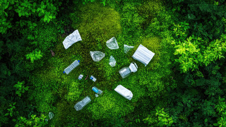 This image depicts plastic waste scattered across a lush green forest floor, emphasizing the urgent need for environmental awareness and protection against pollution.の素材