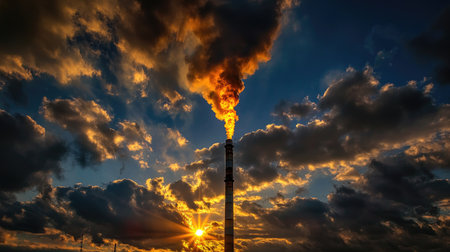 A stunning view of an industrial smoke stack silhouetted against a vibrant sunset, with dramatic clouds highlighting environmental effects and energy production.の素材