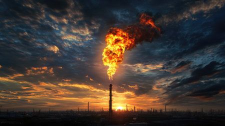 A stunning visual of a smokestack emitting flames against a vibrant sunrise, highlighting the intersections of industry and nature in an urban setting.の素材