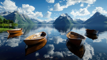 A stunning lakeside view featuring wooden boats gently floating on glassy water, surrounded by majestic mountains and a vibrant blue sky filled with fluffy clouds.の素材