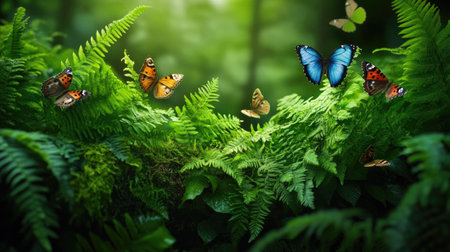 A captivating scene featuring a variety of colorful butterflies in a lush green fern setting. The soft natural light enhances the vibrant hues, creating a tranquil atmosphere perfect for nature enthusiasts and photographers alike.の素材