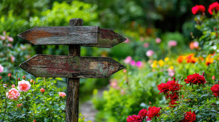 A charming rustic wooden signpost stands in a beautiful garden full of vibrant flowers, inviting exploration into natureの素材