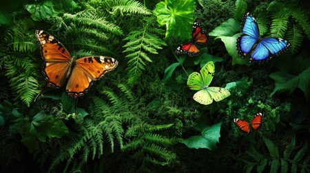 This captivating image showcases a variety of colorful butterflies flitting among lush green ferns and foliage, highlighting the beauty of nature.の素材