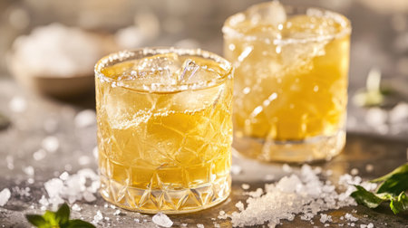 Enjoy a pair of refreshing cocktails served on a rustic surface. These stylish drinks with ice and natural ingredients are perfect for summer gatherings.の素材
