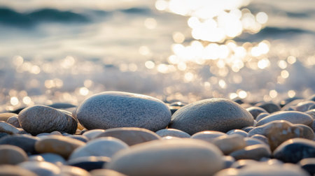 A collection of smooth pebbles rests on a serene beach, with gently lapping waves and glimmering sunlight creating a tranquil atmosphere. Perfect for nature lovers.の素材