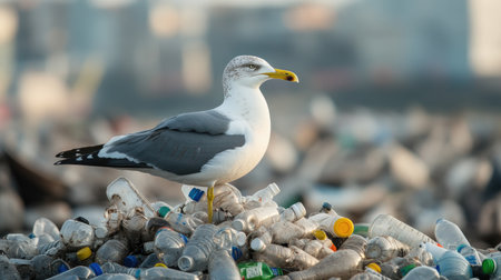 A seagull stands prominently on a mound of plastic bottles, highlighting the alarming issue of pollution while the urban background fades softly.の素材