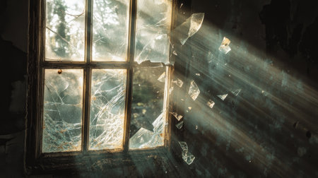 This evocative image features sunlight filtering through a broken window in an abandoned building, casting enchanting light rays and highlighting dust particles and spider webs.の素材