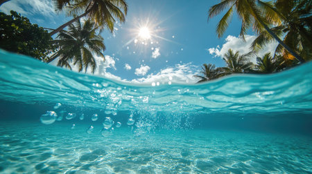 This vibrant image captures a tranquil tropical scene featuring clear blue water illuminated by bright sunlight, with palm trees framing the sky above.の素材