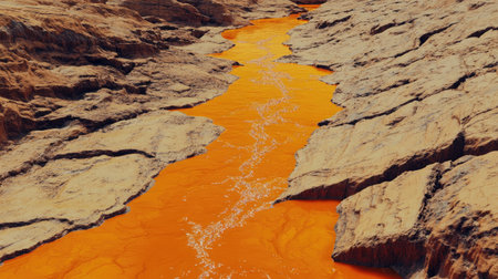 This striking image captures a vibrant orange river meandering through rugged rocky terrain, showcasing a unique natural landscape with bright colors and textures.の素材