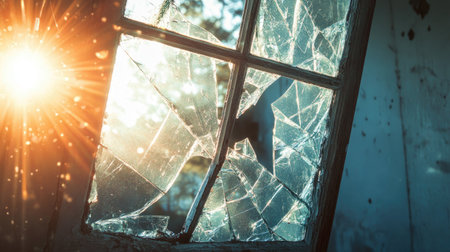 This image showcases a shattered window pane, allowing sunlight to pour through, creating a serene yet dramatic atmosphere in an abandoned setting.の素材