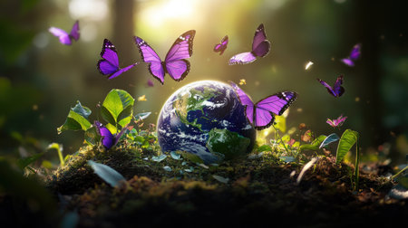 A captivating scene showcases vibrant butterflies fluttering around Earth set against a backdrop of lush greenery and soft sunlight, symbolizing harmony and nature's beauty.の素材