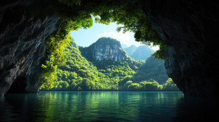 A captivating view from the entrance of a cave showcases lush foliage and calm waters surrounded by majestic mountains, creating a peaceful retreat.の素材