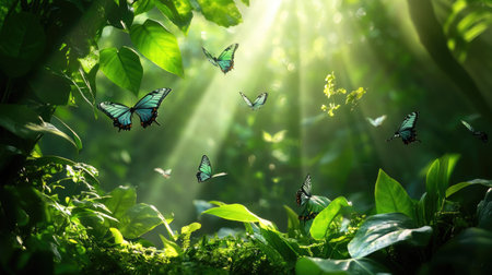 This serene image captures a magical moment in a lush forest filled with vibrant butterflies and sunrays streaming through green leaves, creating a tranquil atmosphere.の素材