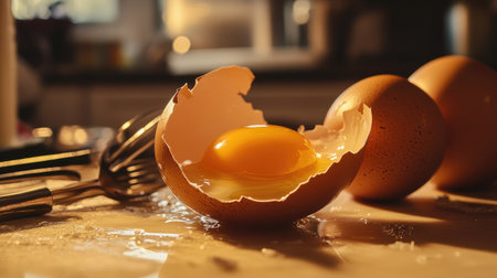 A close-up view of a cracked eggshell showcasing a vibrant yellow yolk, set on a kitchen table with cooking utensils, illuminated by soft morning sunlight.の素材