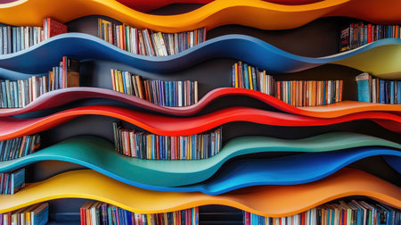A visually striking image of a wavy bookshelf filled with an array of books. The colorful design brings energy and creativity to any reading space or interior decor.の素材