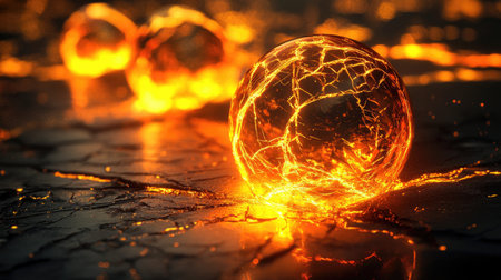 A mesmerizing lava sphere radiates bright orange light, resting on a cracked surface, symbolizing the raw energy and beauty of nature's forces.の素材