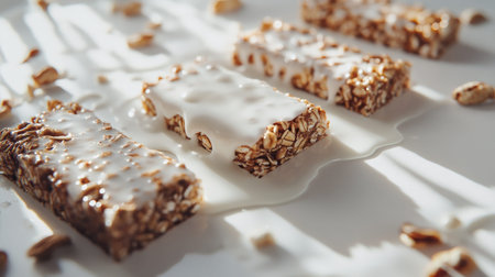 Explore the enticing visual of healthy granola bars topped with creamy yogurt drizzle, perfect for nutrition-focused snacking or breakfast options.の素材