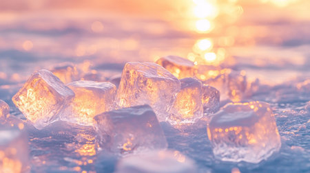 A beautifully composed scene featuring glimmering ice cubes resting on a shimmering surface, illuminated by a warm sunset glow in soft pastel colors.の素材