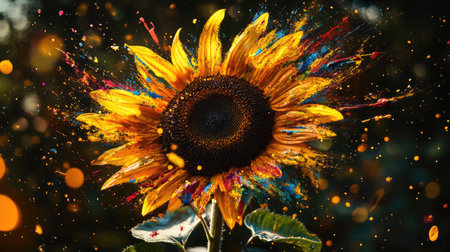 This captivating image features a radiant sunflower surrounded by an explosion of colorful paint splashes and soft bokeh lights. A true celebration of nature's beauty.の素材